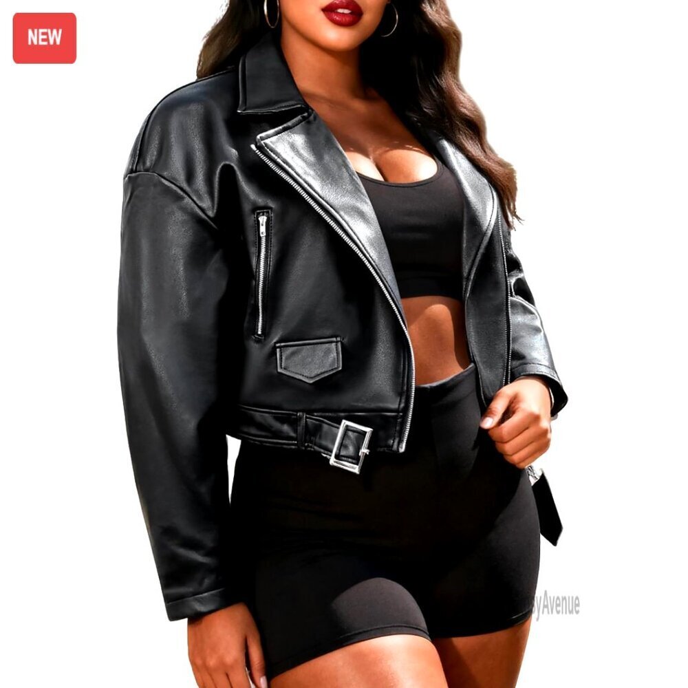 Oversized Faux Leather Motorcycle Jacket with Belt, Fall Winter Coat